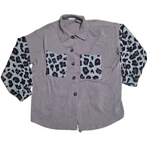 Reborn J Leopard Print Contrast Ribbed Button Up Shirt Top Women's Size XL Brown